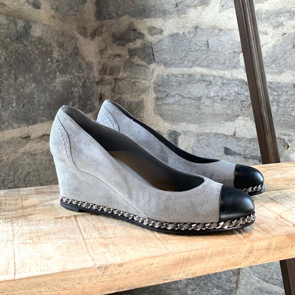 Chanel Grey Suede Chain-Link Accent Wedge Pump